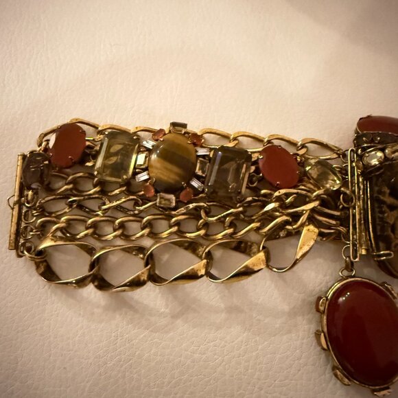IRADJ MOINI SIGNED CITRINE TIGER EYE CARNELIAN STATEMENT BRACELET PIN BROOCH - Picture 3 of 12